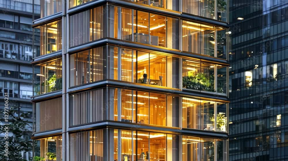 Illuminated Modern Glass Building at Night Scene, vertical video Illuminated Modern Glass Building at Night Scene, vertical video