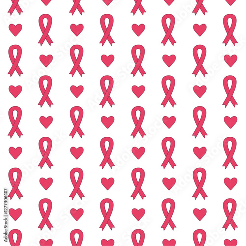 Seamless pattern with pink ribbons and hearts symbolizing breast cancer awareness and love.
