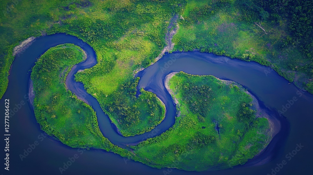 Aerial View of a Serene River Winding Through Lush Green Landscape Aerial View of a Serene River Winding Through Lush Green Landscape
