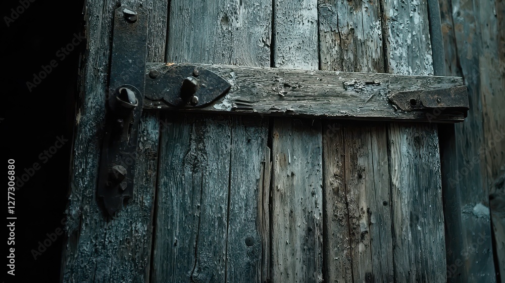 Rustic Wooden Door with Weathered Texture and Metal Hardware