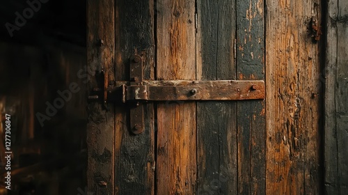 Rustic Vintage Wooden Door with Weathered Metal Hardware Detail