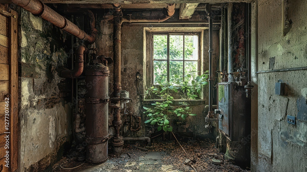 Abandoned Interior with Overgrown Plants Through Window in Rustic Space Abandoned Interior with Overgrown Plants Through Window in Rustic Space