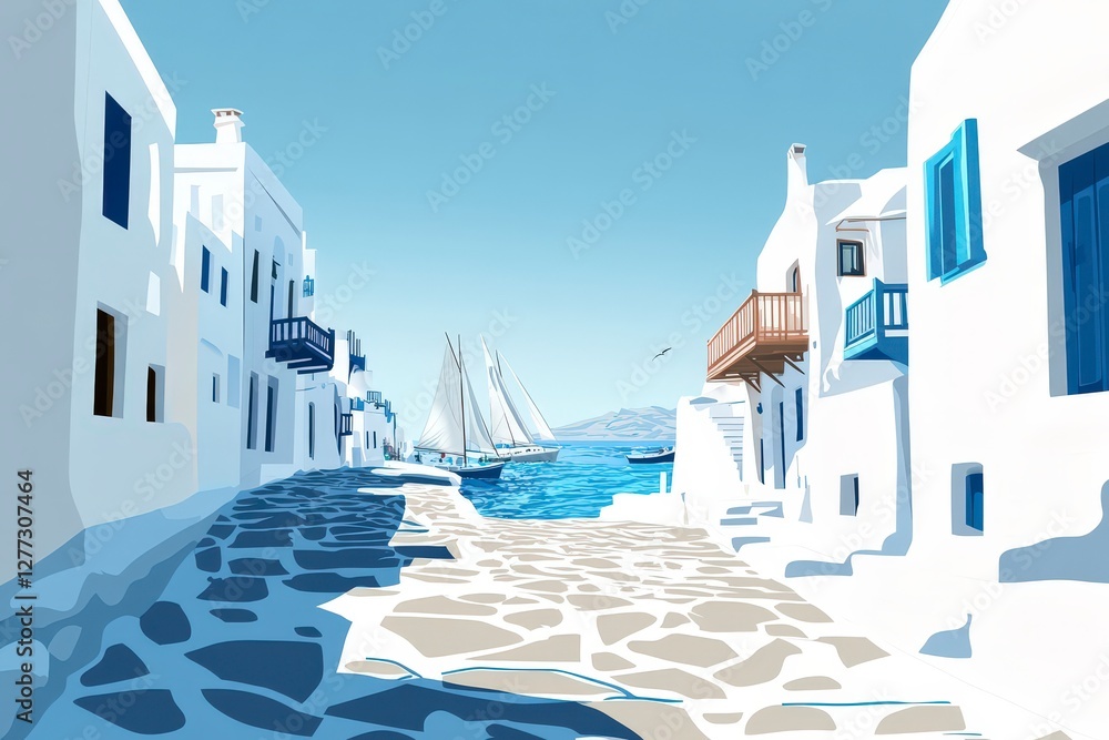 Obraz premium Tranquil Seaside Village with Whitewashed Buildings and Sailboats