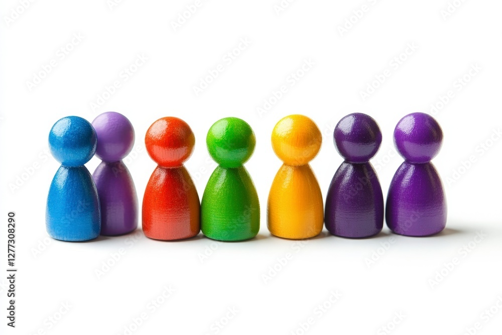 Colorful Wooden Figurines in a Line Gathering Together Colorful Wooden Figurines in a Line Gathering Together