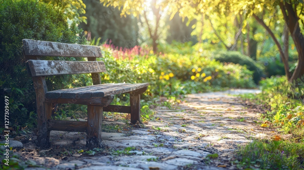 Tranquil Park Scene with Wooden Bench and Sunlit Pathway Tranquil Park Scene with Wooden Bench and Sunlit Pathway