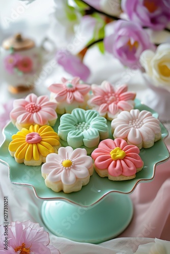 Colorful Flower-Shaped Cookies on a Decorative Plate Display
