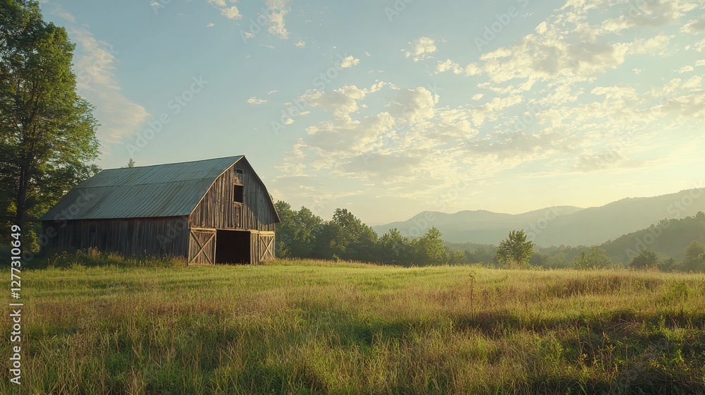 Rustic Barn in Serene Landscape with Sunlight and Mountains Rustic Barn in Serene Landscape with Sunlight and Mountains