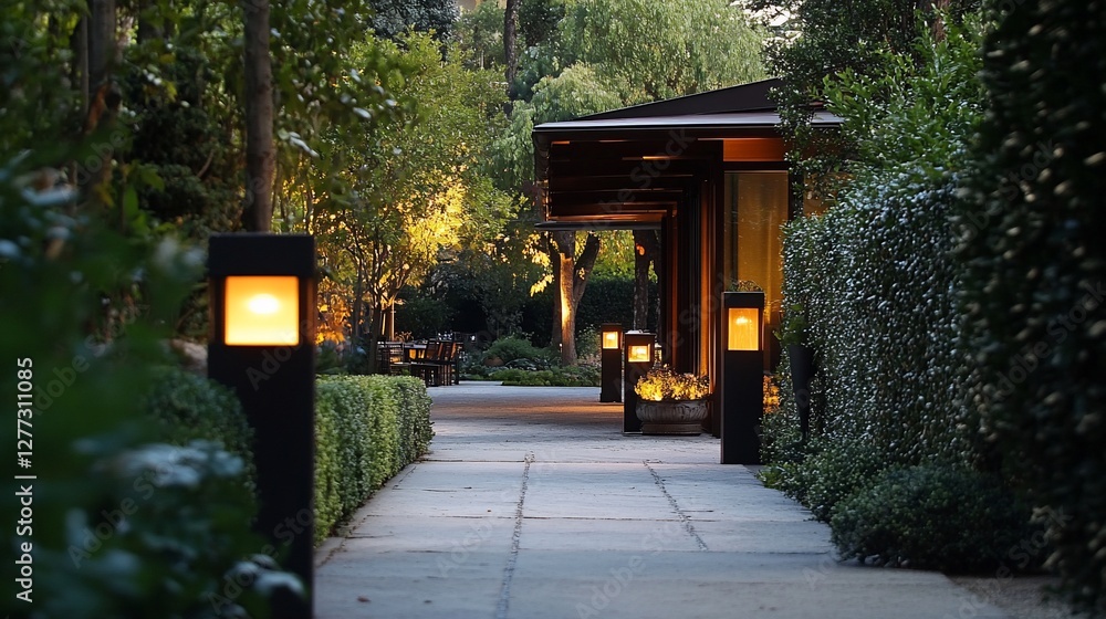 Illuminated pathway leading to modern building in lush garden at dusk. Illuminated pathway leading to modern building in lush garden at dusk.
