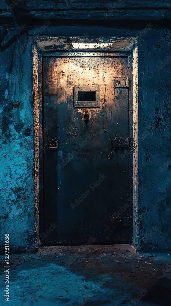 Mysterious Dark Metallic Door with Dim Light in Abandoned Setting Mysterious Dark Metallic Door with Dim Light in Abandoned Setting