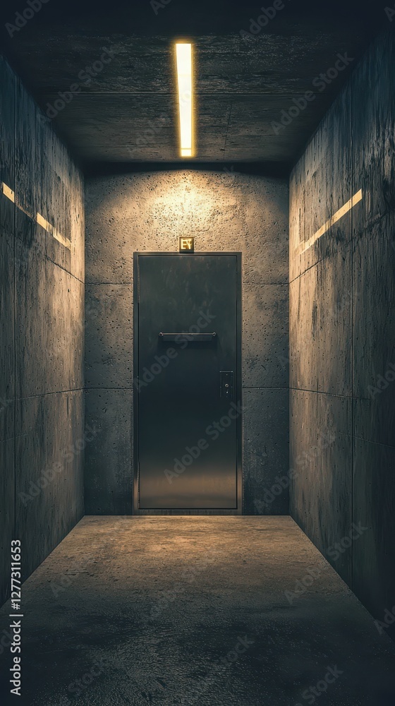 Dark and Moody Hallway with Metal Door and Ceiling Light Source Dark and Moody Hallway with Metal Door and Ceiling Light Source