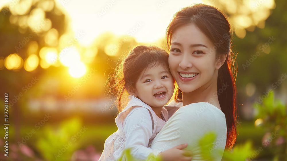 joyful mother holds her smiling daughter in sunlit park, surrounded by greenery. warm sunlight creates beautiful backdrop, enhancing their happy expressions joyful mother holds her smiling daughter in sunlit park, surrounded by greenery. warm sunlight creates beautiful backdrop, enhancing their happy expressions