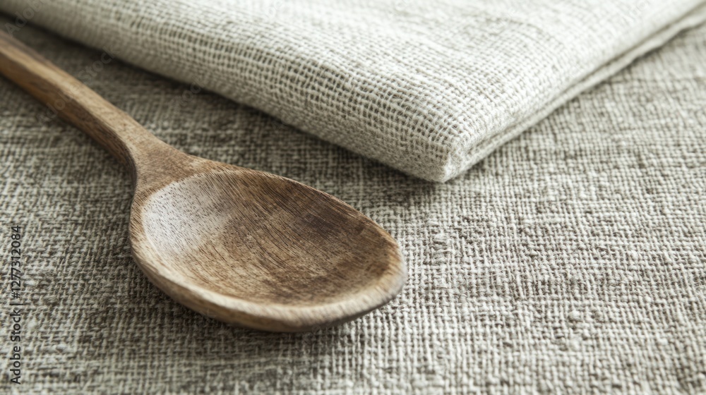 Rustic Wooden Spoon on Linen Fabric Rustic Wooden Spoon on Linen Fabric