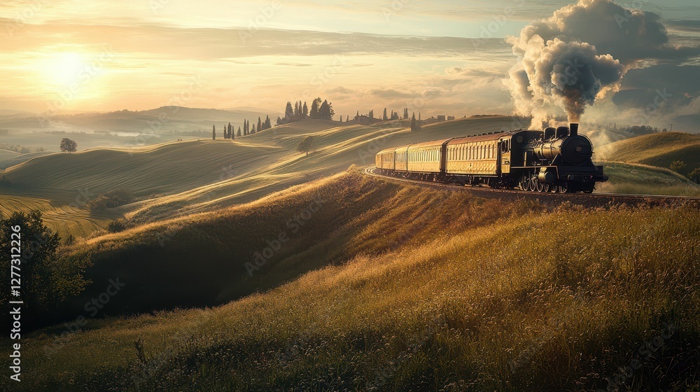Fototapeta premium Vintage Steam Train Traveling Through Scenic Rolling Hills at Sunset