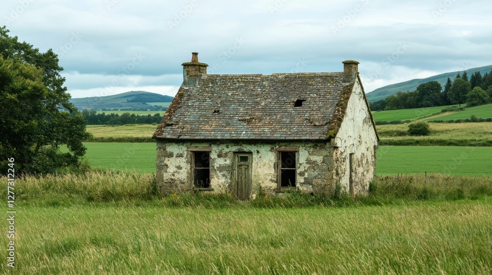 Abandoned Rustic House Surrounded by Lush Green Fields and Hills Abandoned Rustic House Surrounded by Lush Green Fields and Hills