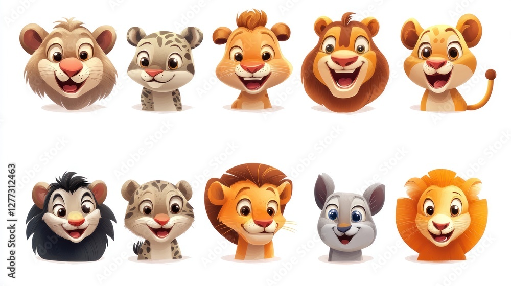 Obraz premium Cartoon animal faces, various cute wild animal heads, smiling expressions, kids design, illustration, digital art.