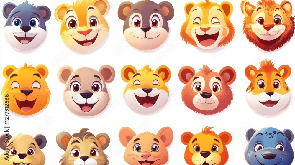 Obraz premium Cartoon animal faces, various expressions, cute animal heads.