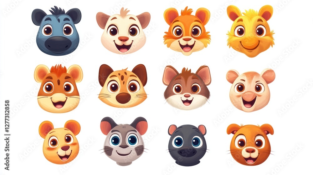Cartoon animal faces, various expressions, happy, cute, childlike Cartoon animal faces, various expressions, happy, cute, childlike