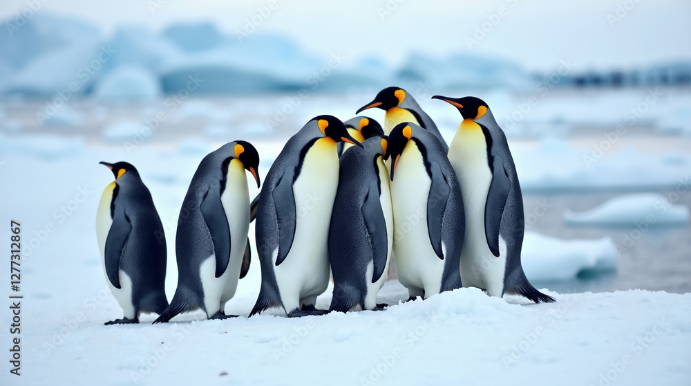 Fototapeta premium Group of Penguins Huddled on an Icy Landscape