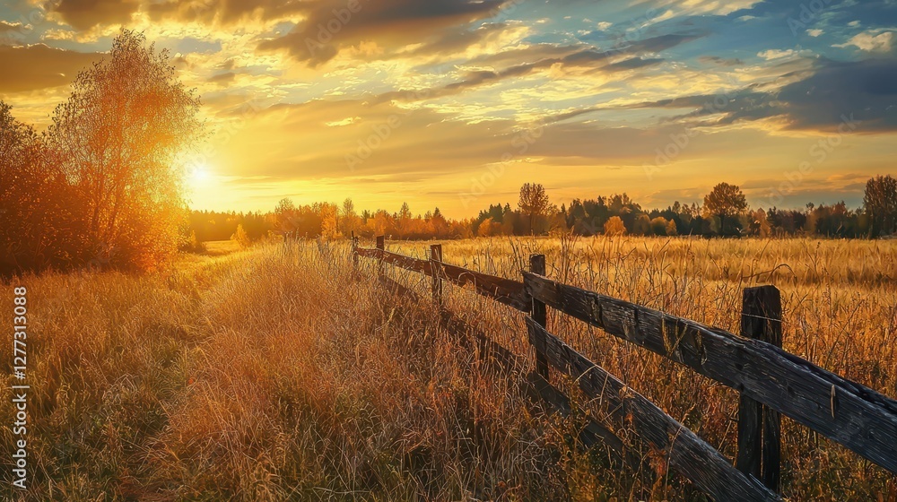 Serene Sunset Over Golden Field with Rustic Wooden Fence Serene Sunset Over Golden Field with Rustic Wooden Fence