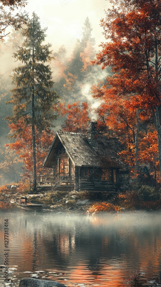 Cozy Autumn Cabin Surrounded by Vibrant Fall Foliage Reflections Cozy Autumn Cabin Surrounded by Vibrant Fall Foliage Reflections