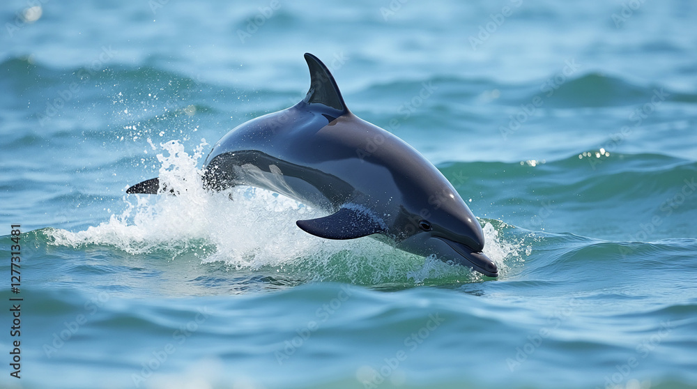 Fototapeta premium Playful Dolphin Leaping Out of the Ocean Waves