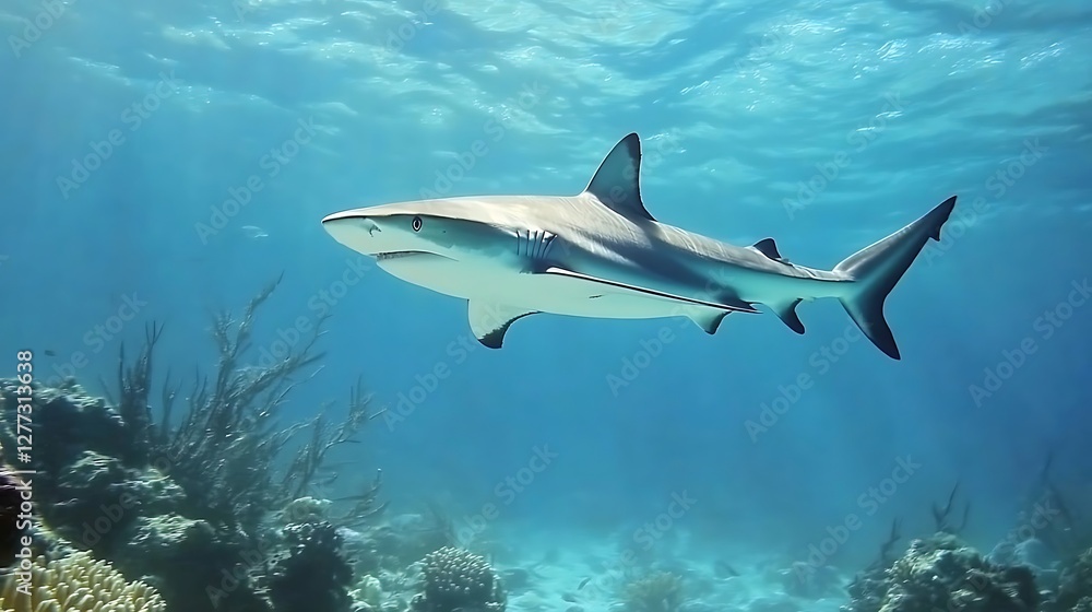 A graceful shark swimming peacefully through crystal-clear blue waters with colorful coral reefs in the background A graceful shark swimming peacefully through crystal-clear blue waters with colorful coral reefs in the background