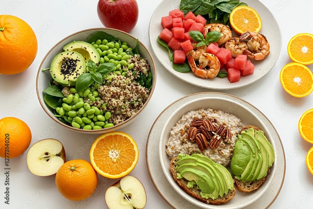 Delicious and Healthy Meal Bowls Featuring Fresh Fruits and Vegetables. A vibrant assortment of healthy meal bowls, showcasing a variety of textures and colors. Delicious and Healthy Meal Bowls Featuring Fresh Fruits and Vegetables. A vibrant assortment of healthy meal bowls, showcasing a variety of textures and colors.