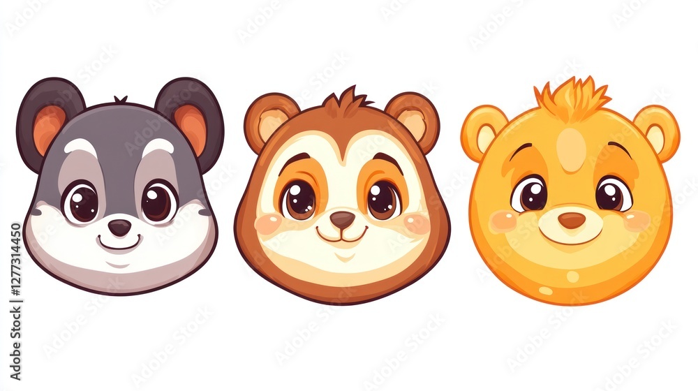 Fototapeta premium Cartoon animal heads, cute bear faces, various animal expressions.