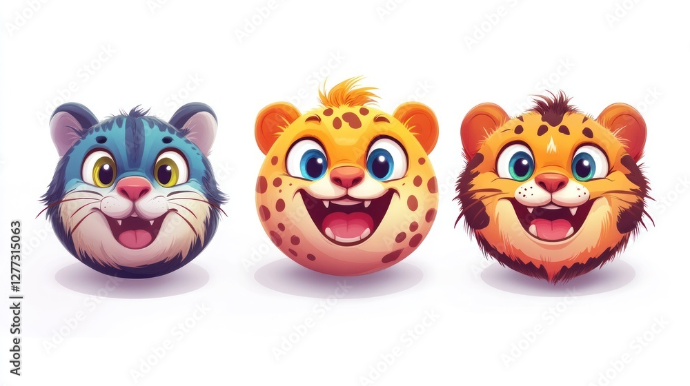 Fototapeta premium Cartoon animal heads, three faces of cute stylized leopards and cats in round shapes.