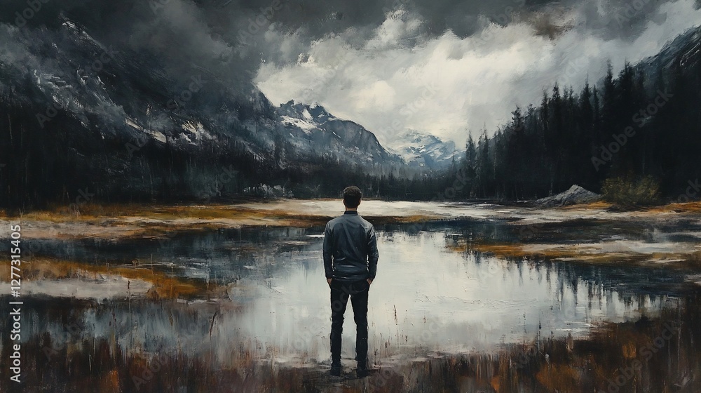 Man contemplates serene mountain lake under stormy sky. Man contemplates serene mountain lake under stormy sky.
