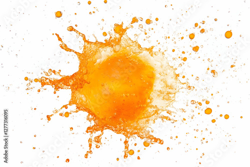 Orange juice splash, vibrant, white background, refreshing drink