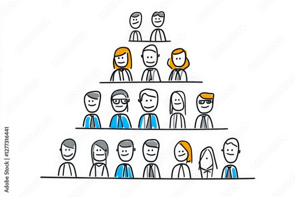 Team Hierarchy Illustration with Cartoon Characters in a Pyramid Structure Team Hierarchy Illustration with Cartoon Characters in a Pyramid Structure