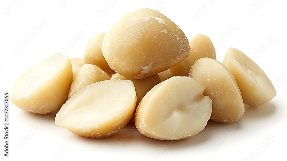 Macadamia nuts pile on white background Macadamia nuts pile on white background