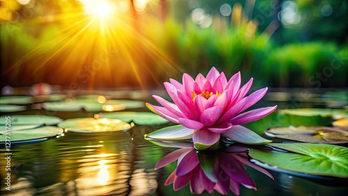 Pink lotus blossom, a vibrant aquatic bloom, perfectly framed by the rule of thirds.