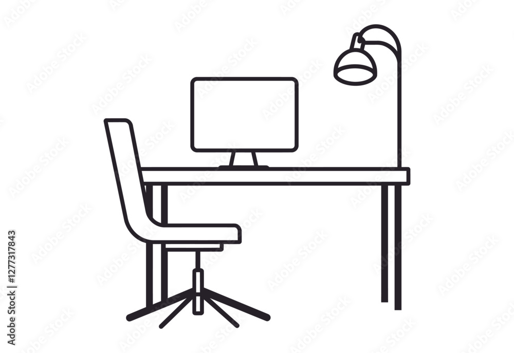 Modern computer desk with lamp black and white vector illustration on white background Modern computer desk with lamp black and white vector illustration on white background