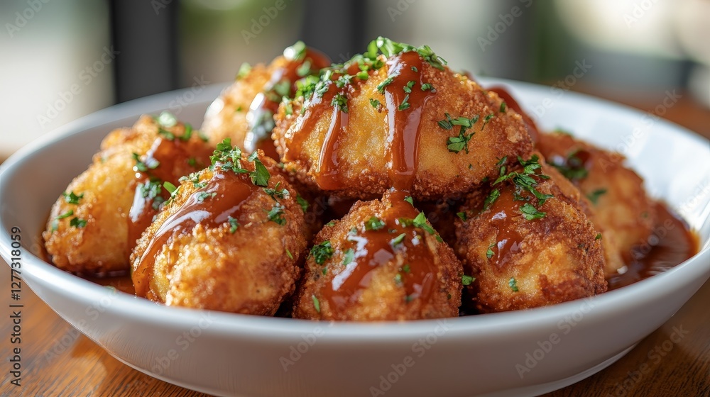 A bowl of crispy fried balls drizzled with sauce and garnished with herbs. A bowl of crispy fried balls drizzled with sauce and garnished with herbs.