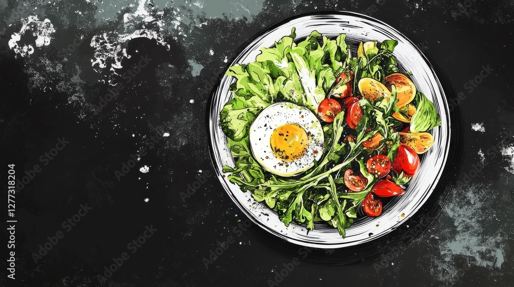 Fresh Salad with Egg and Cherry Tomatoes on a Dark Background Fresh Salad with Egg and Cherry Tomatoes on a Dark Background