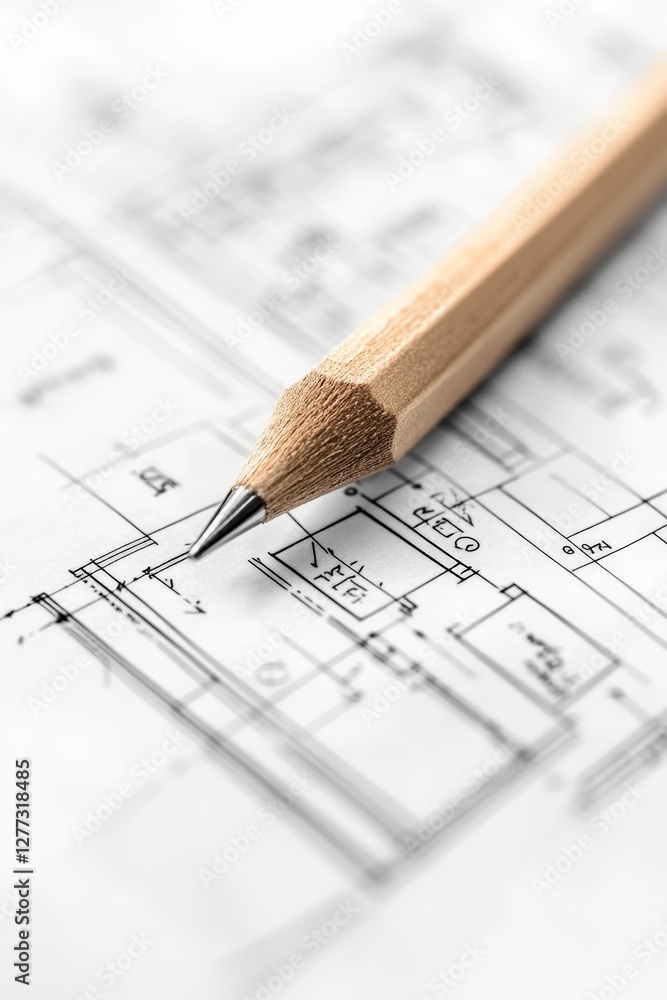 Detailed Architectural Blueprint With Pencil Close-Up View Detailed Architectural Blueprint With Pencil Close-Up View