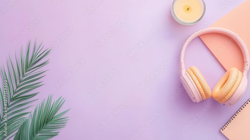 Obraz premium Remote work stress relief - A stress ball, noise-canceling headphones, a calming candle, and a meditation guide, isolated on a muted purple background with copy space
