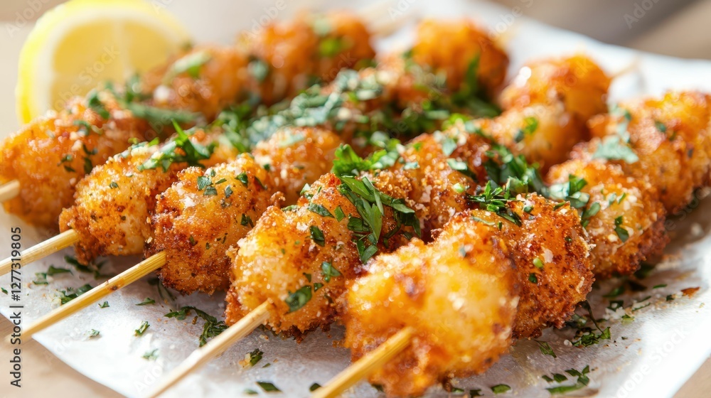 Crispy Fried Skewers with Fresh Herbs and Lemon Garnish Crispy Fried Skewers with Fresh Herbs and Lemon Garnish
