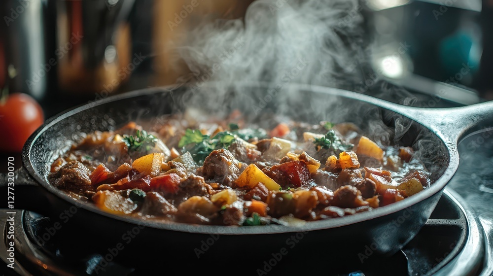 Delicious Steaming Vegetable and Meat Dish in Rustic Frying Pan Delicious Steaming Vegetable and Meat Dish in Rustic Frying Pan