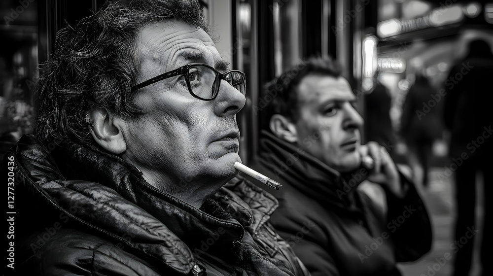 Black and white photo of a man with glasses, thoughtfully holding a cigarette, another man is blurred in the background. Black and white photo of a man with glasses, thoughtfully holding a cigarette, another man is blurred in the background.