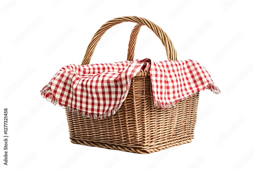 A charming wicker picnic basket ready for adventure awaits a joyful outdoor meal a delightful red and white checkered cloth adds a touch of whimsy, A charming wicker picnic basket ready for adventure awaits a joyful outdoor meal a delightful red and white checkered cloth adds a touch of whimsy,