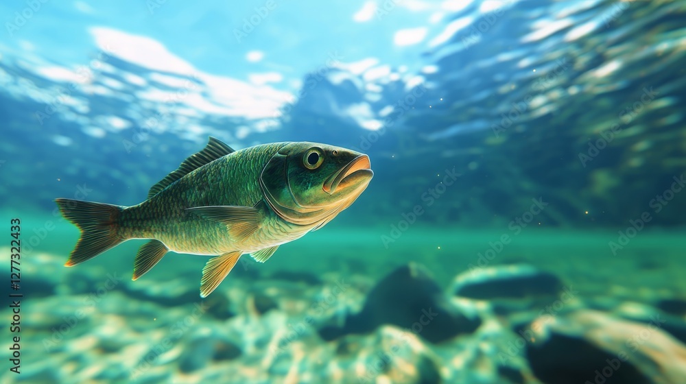 Futuristic Holographic Fish in Mountain Stream of Tomorrow Futuristic Holographic Fish in Mountain Stream of Tomorrow