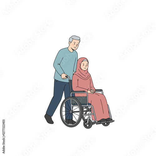 Man Pushing Muslim Woman in Wheelchair Illustration on White Background