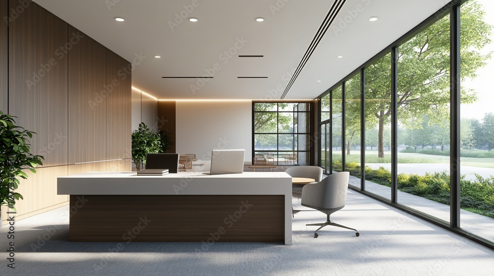 Modern office reception area with wood and white reception desk, large windows, and comfortable seating. Modern office reception area with wood and white reception desk, large windows, and comfortable seating.