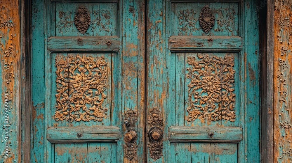 Ornate Blue Wooden Door with Intricate Carvings and Vintage Charm Ornate Blue Wooden Door with Intricate Carvings and Vintage Charm