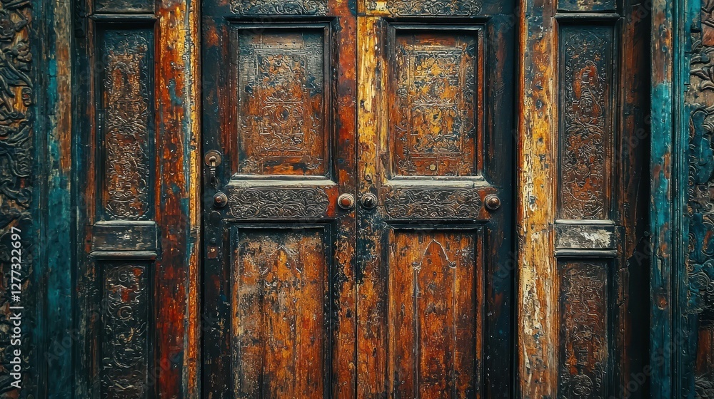 Ornate Wooden Door with Intricate Carvings and Rustic Texture Ornate Wooden Door with Intricate Carvings and Rustic Texture