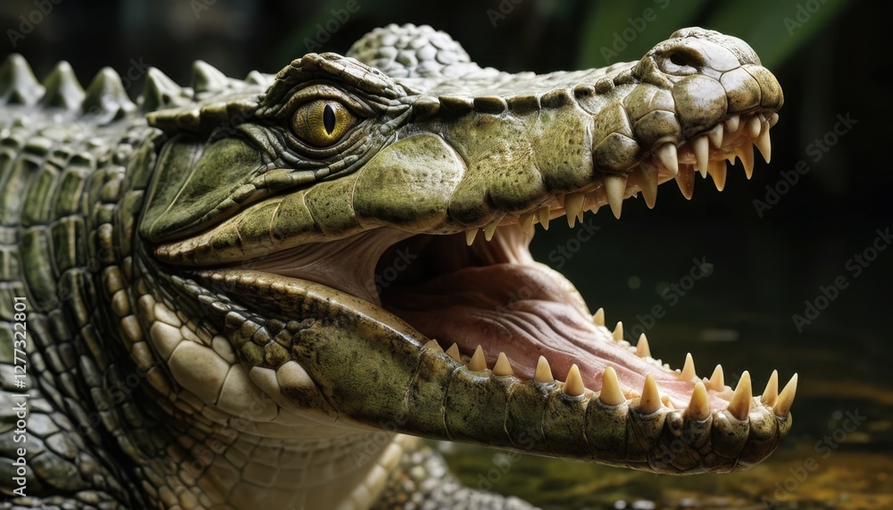 Fototapeta premium A fierce crocodile with an open mouth displays its sharp teeth, showcasing its powerful jaw and vibrant green scales in a natural habitat.