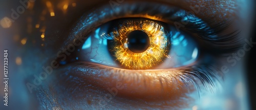 Closeup of ophthalmologist focusing on patient s eye during an eye exam, digital diagnostic equipment, hightech precision tools, hyperrealistic lighting, detailed rendering photo